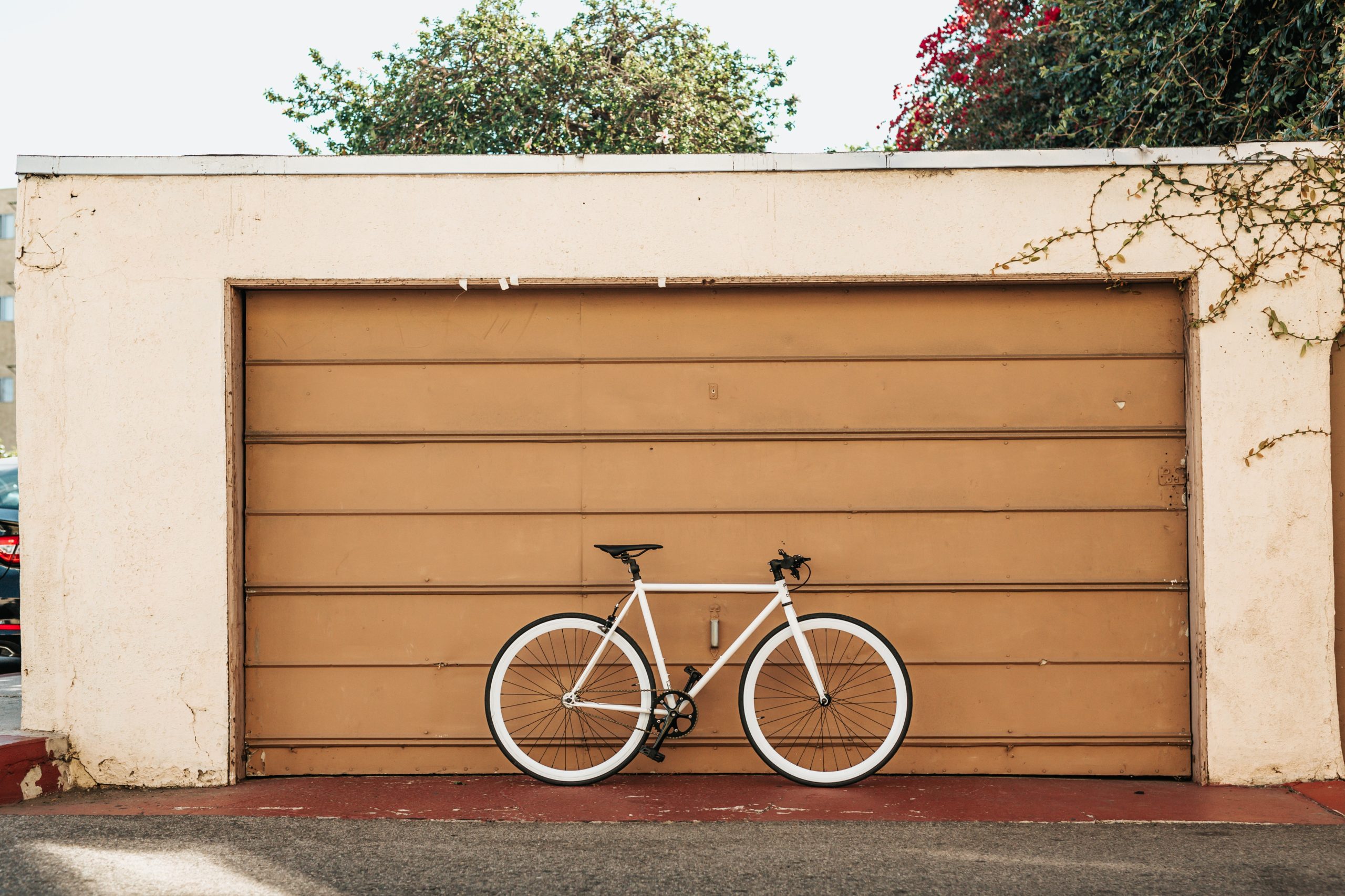 Bicycle in front of a garage door