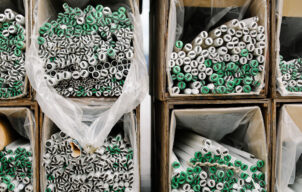 Fluorescent tubes sorted in recycling bulk bins.