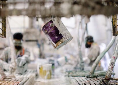 Staff at Product Care’s Delta facility processing leftover paint.